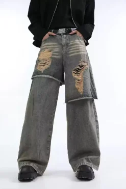 Double-Layer Ripped Jeans